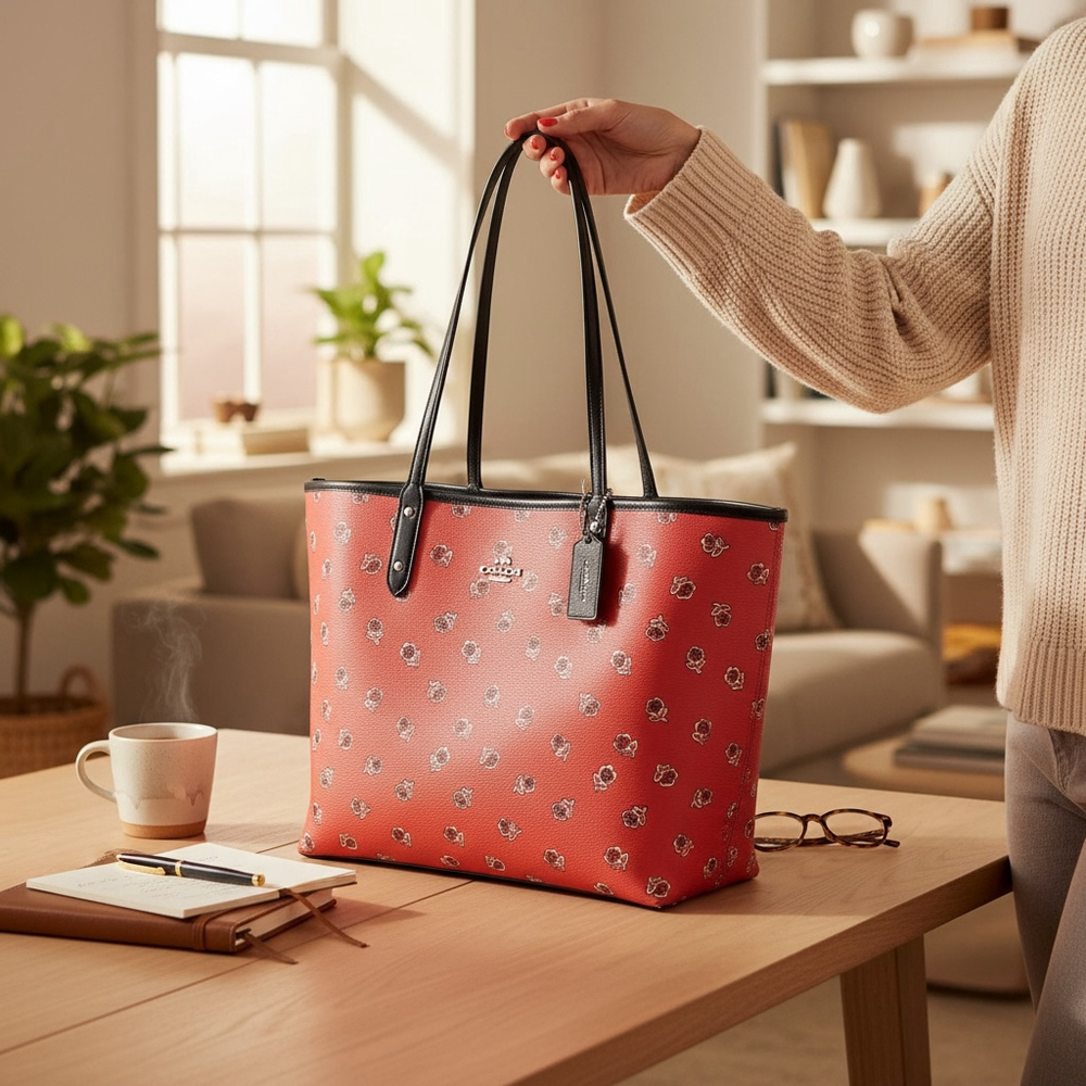 Coach Red Floral Print Leather Tote with Black Handles